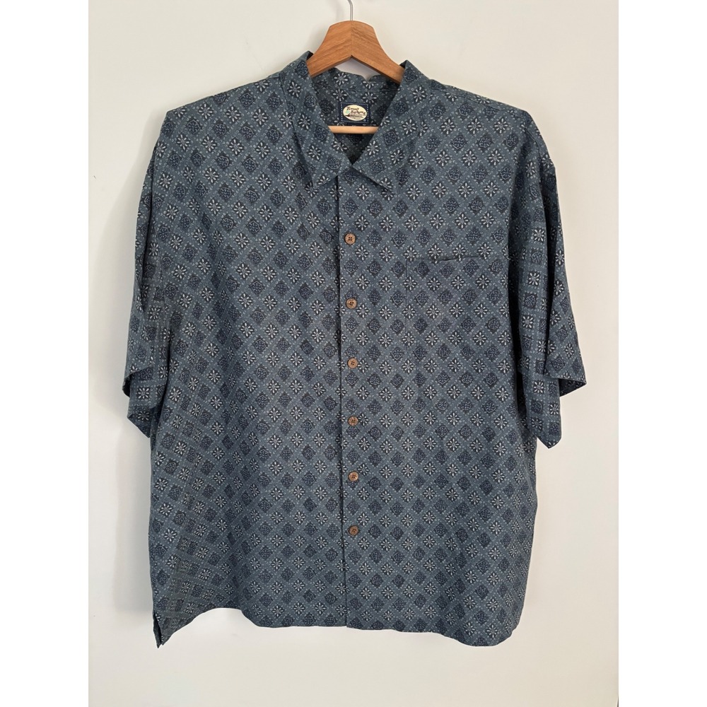 Tommy Bahama Mens XXL Blue Floral Medallion 100% Linen Short Sleeve Button Shirt